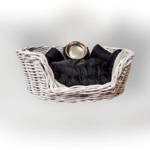 Cesto para perros o gatos de mimbre con cojín y comedero